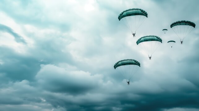 Paratroopers jumping out of an aircraft, airborne forces, military parachuting