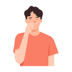 Vector illustration of man with stuffy nose. Congested nose caused by allergy, flu infection. Flat design
