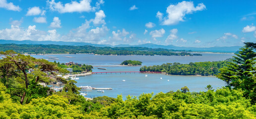 View of the Matsushima Bay and  its famous red bridge, Sendai, Japan