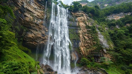 A majestic waterfall cascading down a rocky cliff into a lush, green forest below