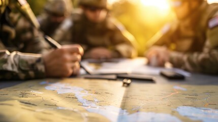 Obraz premium Soldiers in a tactical briefing with maps and plans, strategic planning, mission coordination