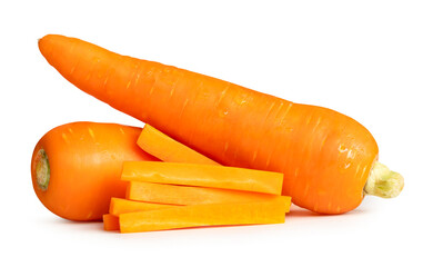 Side view of beautiful orange carrots with slices in stick shape in stack isolated on white background with clipping path