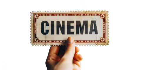 A hand holding a Cinema ticket isolated on transparent background.