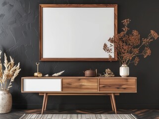 In an interior living room with an empty dark wall background, a mockup of a frame and wood cabinet with a wooden door.