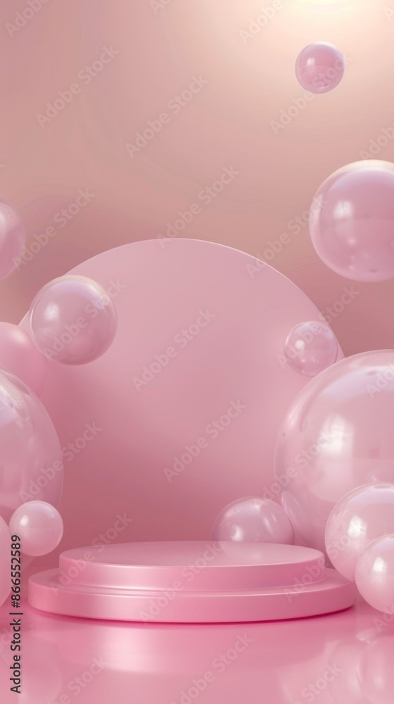 Poster A pink podium sits on a pink surface, surrounded by multiple spheres of varying sizes. The spheres are floating in the air, creating a whimsical and elegant composition