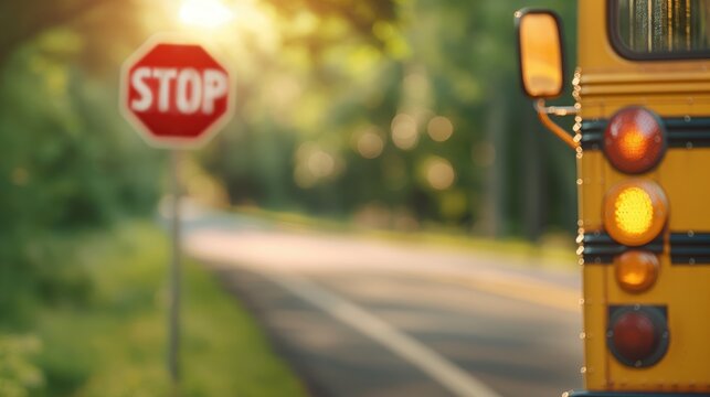 School bus stopping with flashing lights and stop sign extended, school zone safety, child safety
