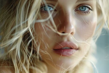 Highresolution portrait of a woman with striking blue eyes and blonde, tousled hair