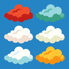 A set of six different colored clouds against a blue background