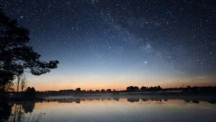  northern lights on the shore of the lake where the end of the footbridge is illuminated in the water