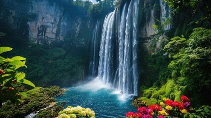 Fototapeta premium A majestic waterfall cascading into a deep pool, surrounded by lush vegetation and vibrant flowers