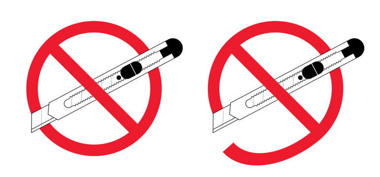 No work knives, do not disassemble, prohibition. Retractable blade or cutter knife. No need to install by tool. Work, school tools. Retractable blades. Utility knife or jackknife. Forbidden red symbol