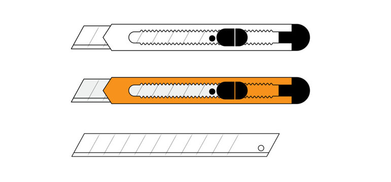 recommend clip art: Work knives. Cartoon cutter knife. retractable blade or knife. Paper or cardboard cutter. Work, school tools. Retractable blades concept. Utility knife or jackknife. Spare blade for cutter.