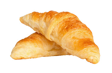 Side view of two delicious brown croissants in stack isolated with clipping path in png file format