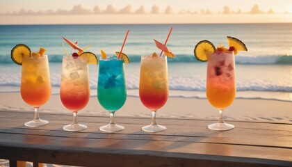 tropical cocktail on a wooden surface, with a beach and ocean scene in the background, ad shot, copy space for text