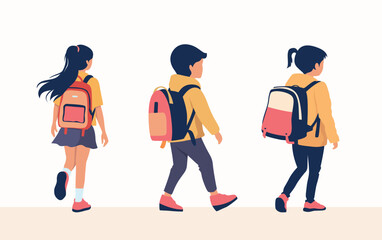 Set of vector illustration of back to school season. a child with a backpack walking to school isolating on white background