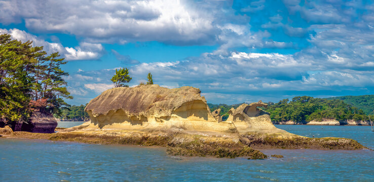 The erosive might of the Pacific ocean has created georgeous rosk fornations on the shores, islands and islets of Matsushima bay, Sendai, Japan