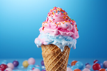 Ice cream in waffle cone with colorful sprinkles on blue background