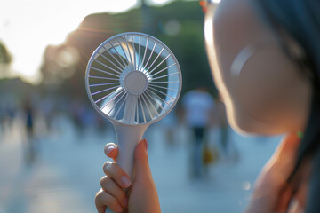 Woman holding portable fan on blurred city background, enjoying a breath of fresh air in summer hot weather