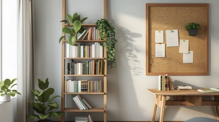 A minimalist study area with a DIY ladder shelf filled with books and plants, a simple desk made from reclaimed timber, and a wall-mounted cork board for notes and photos. 