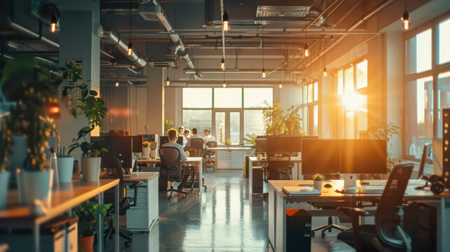 A modern office with employees, computers and a creative atmosphere. 