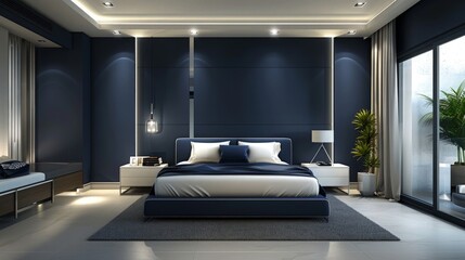 Elegant dark blue master bedroom with a platform bed centered between matching modern nightstands illuminated by overhead spotlights and natural light from large windows.