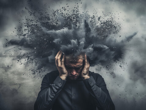 portrait of a person with an exploding head, representing overthinking and overwhelming thoughts