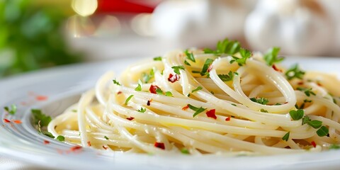 A Simple and Flavorful Italian Dish Spaghetti with Garlic, Chili Flakes, and Parsley. Concept Italian Cuisine, Pasta Recipes, Cooking Tips, Simple Ingredients, Quick Meals