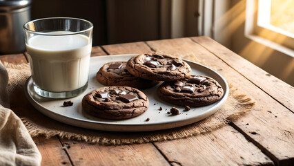 Rustic Comfort. Milk and Cookies on a Wooden Table