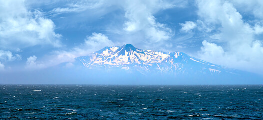 Distant view of the Russian Pacific Island of Kuril
