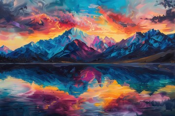 Beautiful mountain sunset painting with colorful sky reflections on water, creating a captivating atmosphere in the aftermath