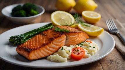 Fried salmon steak with mashed potatoes and vegetables and lemon slice. Ai Generative.