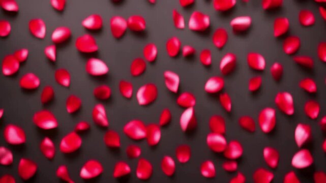 Red rose petals gently swirling against a striking black background. Ideal for Valentine's Day.
