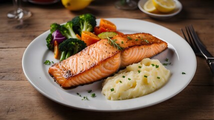 Fried salmon steak with mashed potatoes and vegetables and lemon slice. Ai Generative.