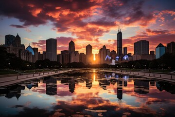 Obraz premium Sunset in Grant Park with Buckingham Fountain., generative IA