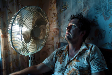 Man sweating and suffering from heat stroke at home, refreshing himself with the air produced by a fan