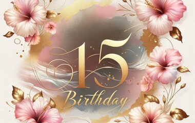 Elegant floral quinceañera invitation with gold accents celebrating a 15th birthday.