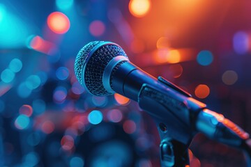 Obraz premium A black microphone sits on a stand, ready for a singer to perform live