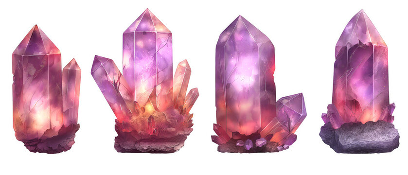 Set of Realistic Cacoxenite on a transparent background, mineral, gemstone, colorful gradient crystal stone chunks, png file, cut off bg, alpha channel, 300 dpi 