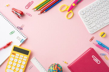 Colorful assortment of school stationery items arranged on a pink background with a keyboard and...