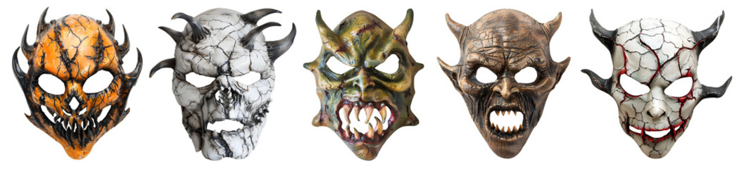 Set collection of scary monster demon devil face mask with horns on transparent background cutout. PNG file. Many assorted different design. Mockup template for artwork