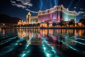 Night show in Las Vegas, Bellagio Fountains., generative IA