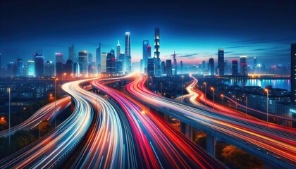 nighttime cityscape with a long exposure of the bustling traffic, showing streaks of light trails from moving vehicles on a highway