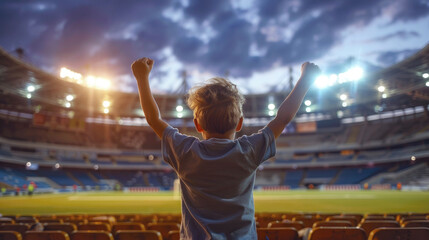 A young boy at a football stadium, joyfully applauding, rejoicing at the victory of his favorite team.
