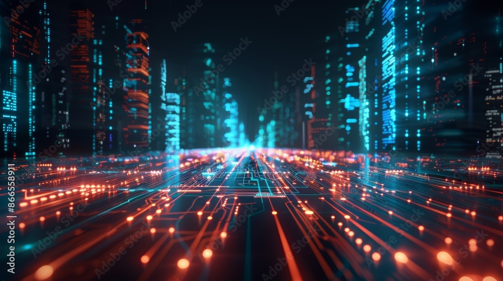 Poster future technology concept: abstract digital background with blue computer networks, coding, and cybe