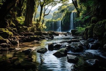 Waterfalls and stunning landscapes on the road of Hana, Hawaii., generative IA