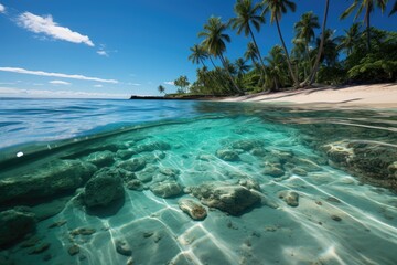 Beach in Hawaii white sand, crystal clear waters and palm trees in the wind., generative IA