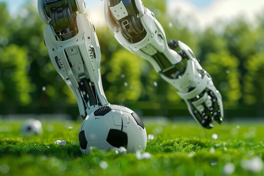 Robot plays football and kicks the soccer ball. Robotic bionic robot legs close up