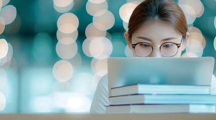 Thai female student studying with books and laptop in a cozy cafe, [focused learning], [academic dedication]