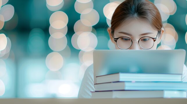 Thai female student studying with books and laptop in a cozy cafe, [focused learning], [academic dedication]