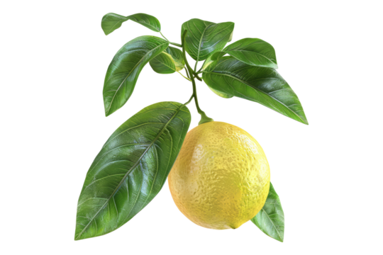 3D lemon with green leaves isolated on transparent background